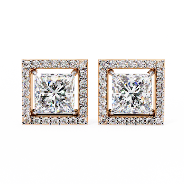 Rose Gold Princess Cut Diamond Square Halo Stud Earrings