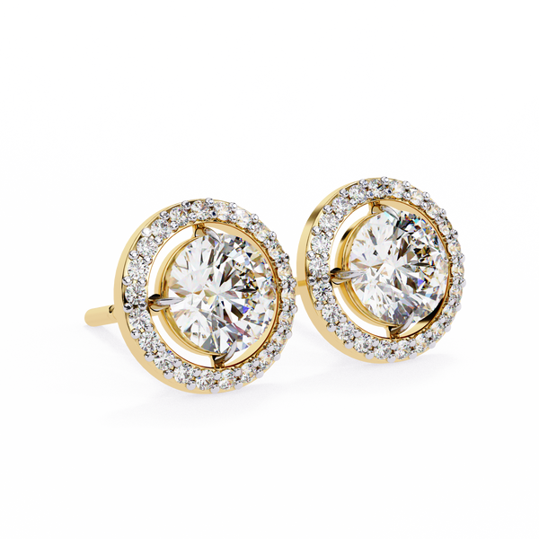 Gold Round Brilliant Diamond Floating Halo Stud Earring