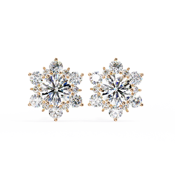 Rose Gold Round Brilliant Diamond Sunburst Cluster Stud Earrings