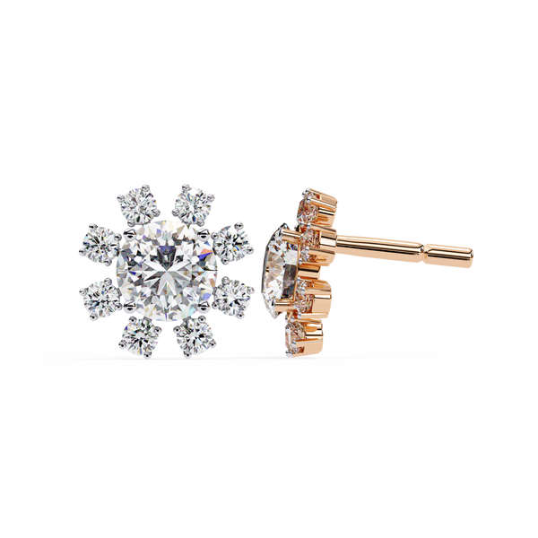 Rose Gold Round Brilliant Diamond Starburst Halo Stud Earrings