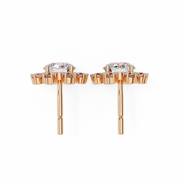 Rose Gold Round Brilliant Diamond Starburst Halo Stud Earrings