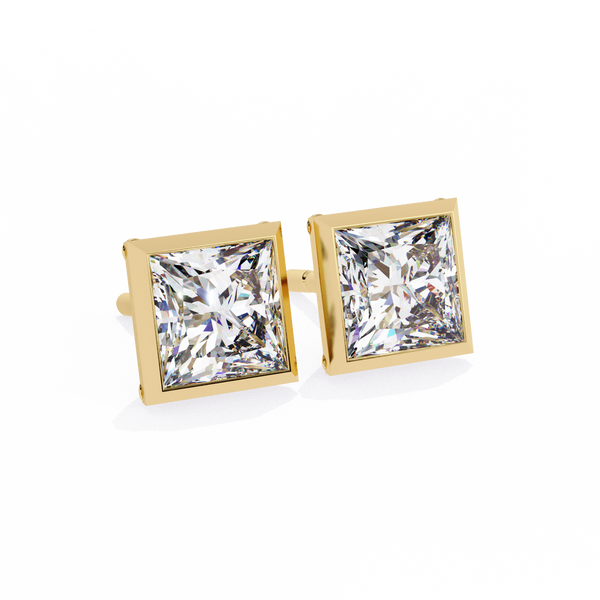 Yellow Gold Princess Cut Diamond Bezel Stud Earring