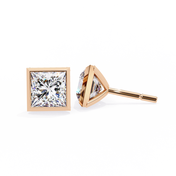 Rose Gold Bezel-Set Princess Cut Diamond Stud Earrings