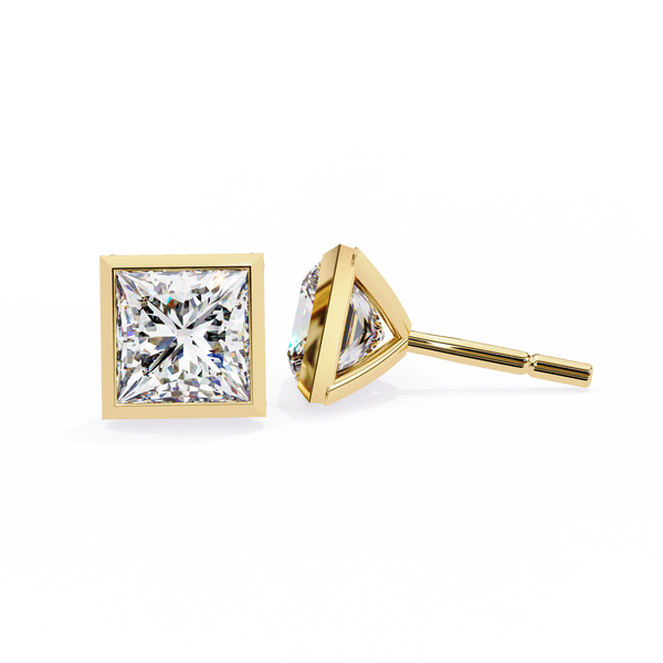 Yellow Gold Princess Cut Diamond Bezel Stud Earring