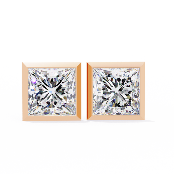Rose Gold Bezel-Set Princess Cut Diamond Stud Earrings