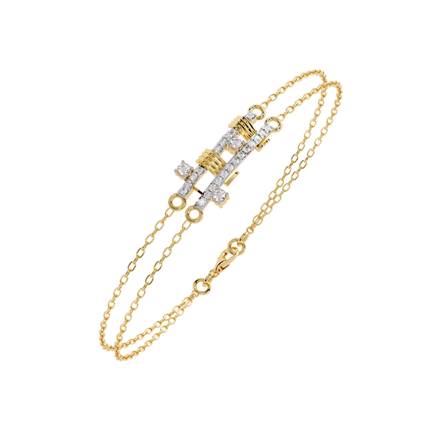 Yellow Gold Crossed Pavé Bar Double Chain Bracelet