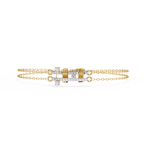 Yellow Gold Crossed Pavé Bar Double Chain Bracelet