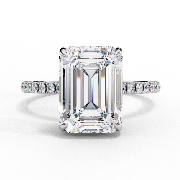 White Gold Emerald-Cut Diamond Solitaire Pavé Engagement Ring