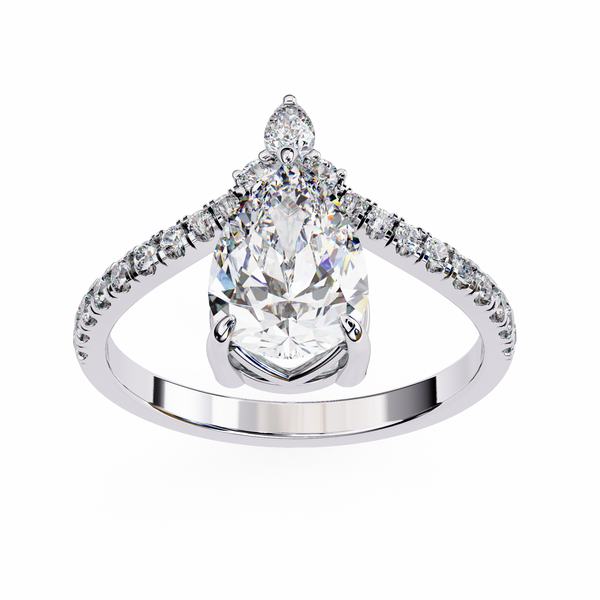 White Gold Pear Cut Diamond Crown Ring with Marquise Accent and Pavé Chevron Band