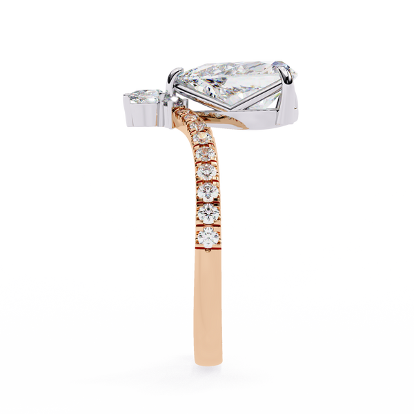 Rose Gold Pear Cut Diamond Crown Ring with Marquise Accent and Pavé Chevron Band