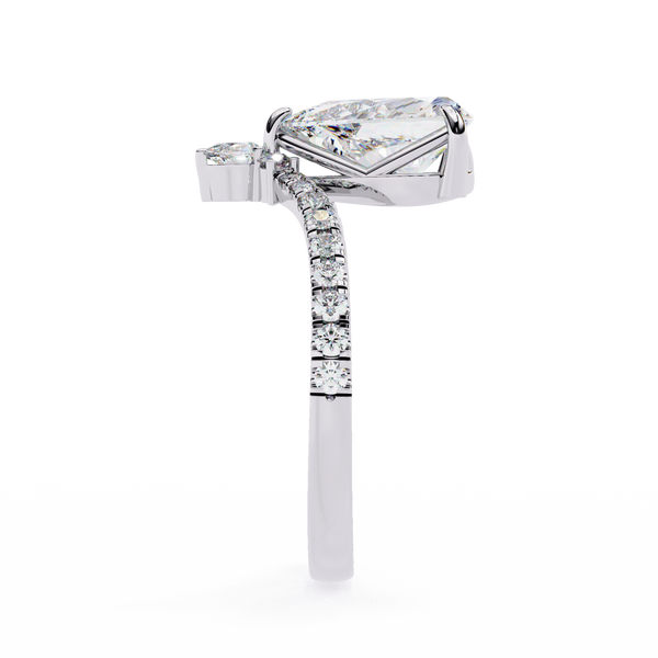 White Gold Pear Cut Diamond Crown Ring with Marquise Accent and Pavé Chevron Band