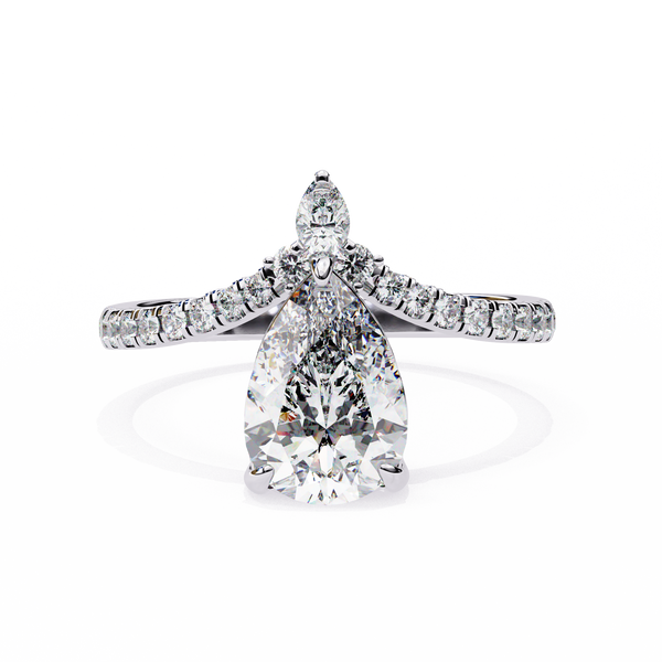 White Gold Pear Cut Diamond Crown Ring with Marquise Accent and Pavé Chevron Band