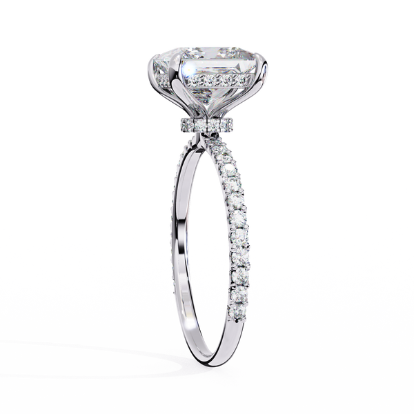 White Gold Princess Cut Diamond Ring with Hidden Halo and Pavé Band