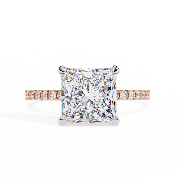 Rose Gold Princess Cut Diamond Ring with Two-Tone Prongs and Pavé Shoulders