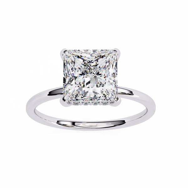 White Gold Princess Cut Diamond Solitaire Ring with Hidden Halo