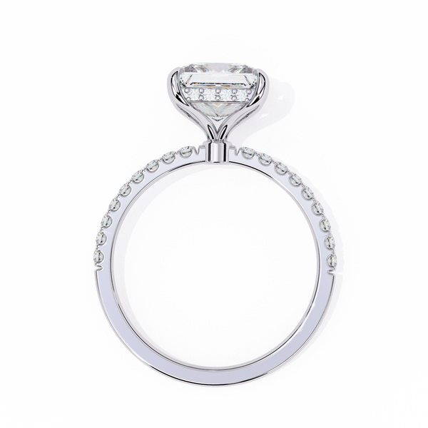 White Gold Princess Cut Diamond Ring with Hidden Halo and Pavé Band