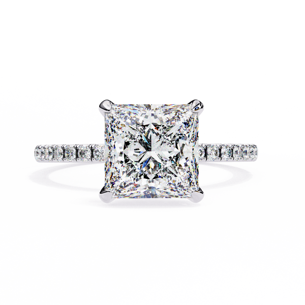 White Gold Princess Cut Diamond Ring with Hidden Halo and Pavé Band