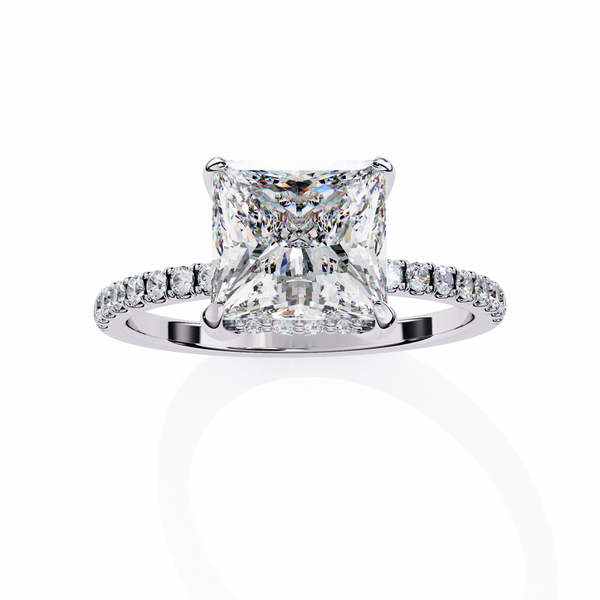 White Gold Princess Cut Diamond Ring with Hidden Halo and Pavé Band