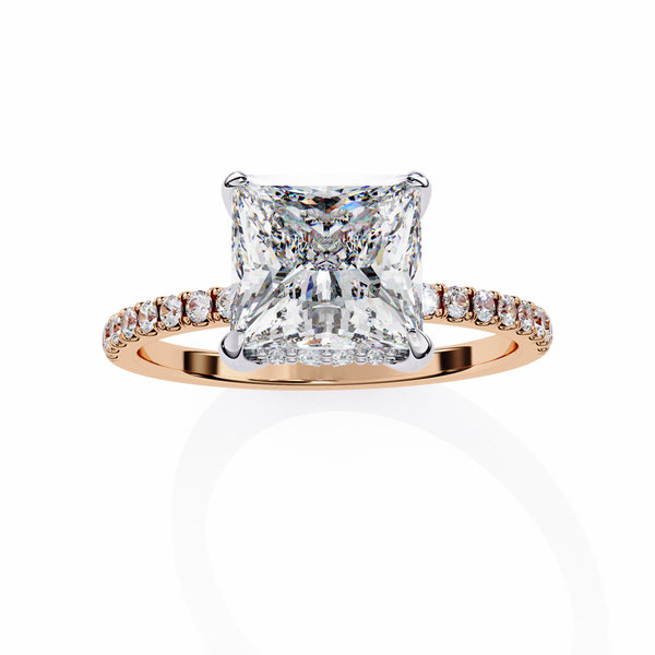 Rose Gold Princess Cut Diamond Ring with Hidden Halo and Pavé Band
