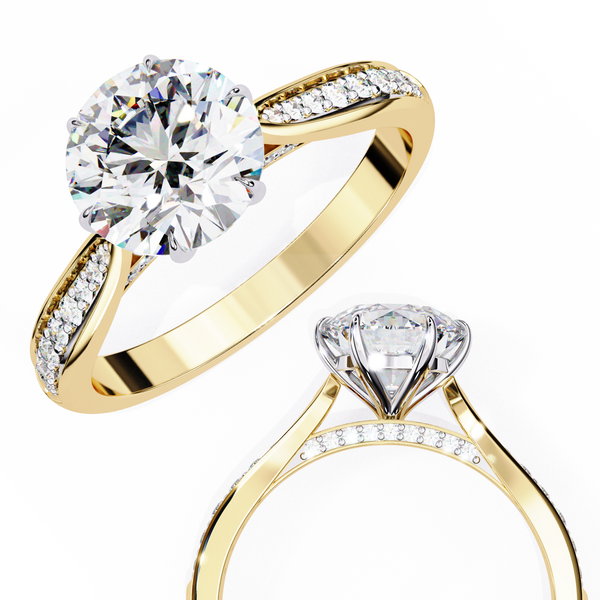 Yellow Gold Round Brilliant Diamond Ring with Channel Pavé Shoulders