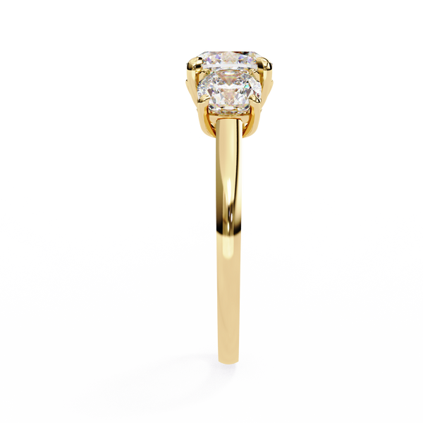 Yellow Gold Three Stone Cushion Cut Diamond Trilogy Ring