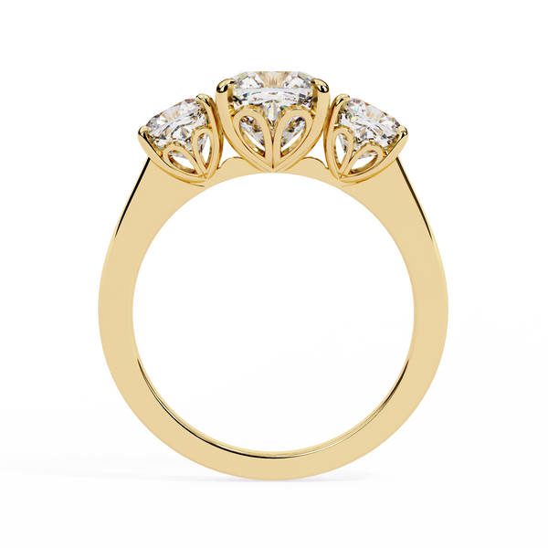 Yellow Gold Three Stone Cushion Cut Diamond Trilogy Ring