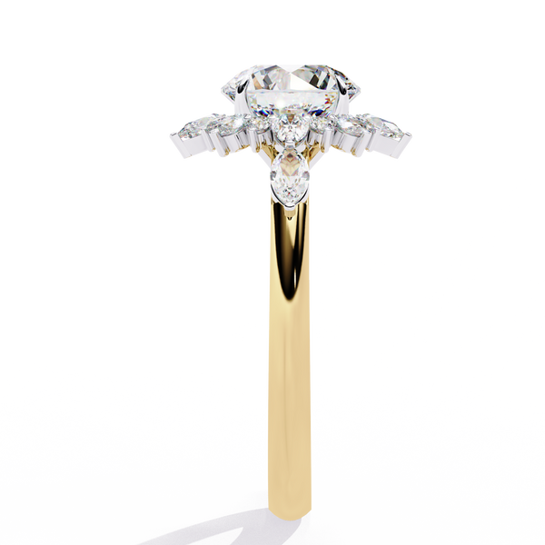 Yellow Gold Round Diamond Starburst Halo Engagement Ring