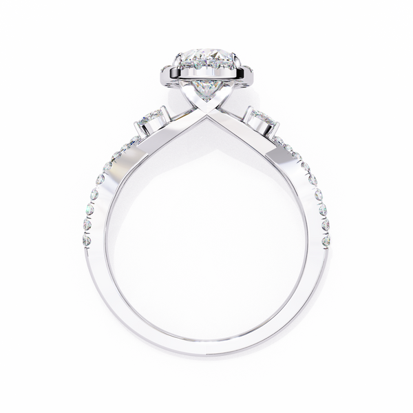White Gold Oval Cut Diamond Halo Ring with Marquise Accents and Twisted Pavé Band