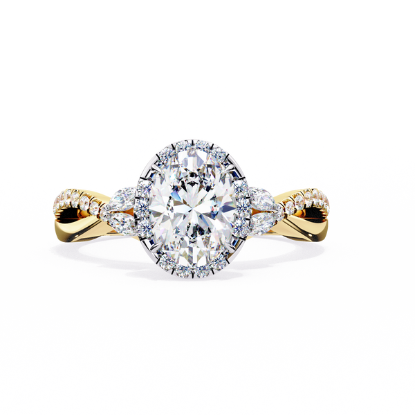 Yellow Gold Oval Cut Diamond Halo Ring with Marquise Accents