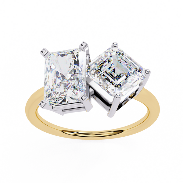Yellow Gold Toi et Moi Radiant and Asscher Cut Two Stone Diamond Ring
