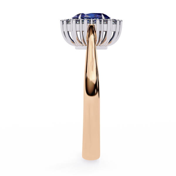 Rose Gold Oval Blue Sapphire Ring with Diamond Halo