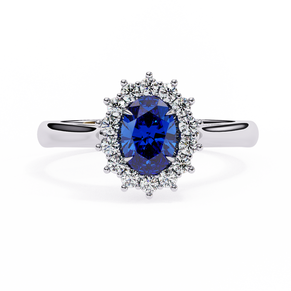 White Gold Oval Blue Sapphire Ring with Diamond Halo