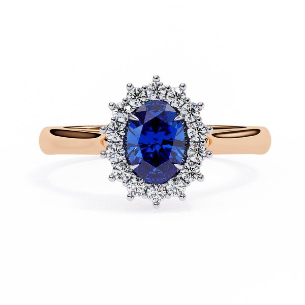 Rose Gold Oval Blue Sapphire Ring with Diamond Halo