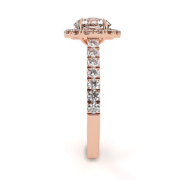 Rose Gold Round Brilliant Diamond Halo Ring with Pavé Band