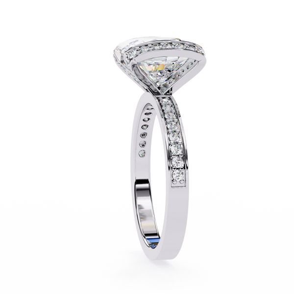 White Gold Cushion Cut Diamond Ring with Vertical Pavé Side Panels