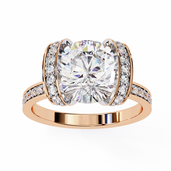 Rose Gold Cushion Cut Diamond Ring with Vertical Pavé Side Panels