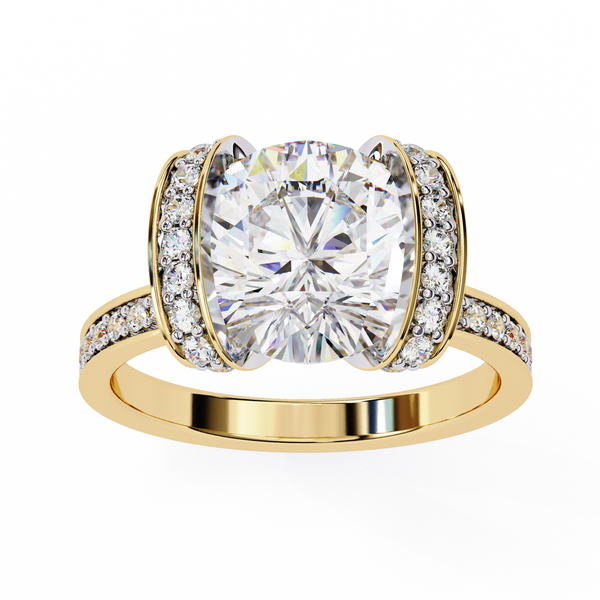 Yellow Gold Cushion Cut Diamond Ring with Vertical Pavé Side Panels