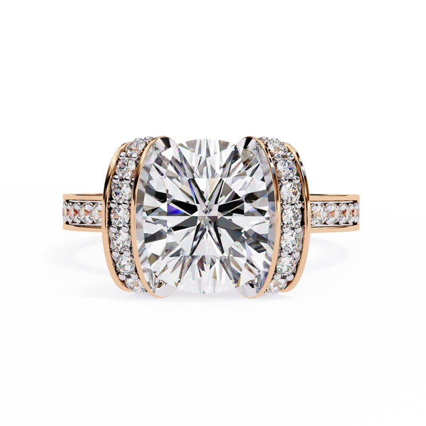 Rose Gold Cushion Cut Diamond Ring with Vertical Pavé Side Panels