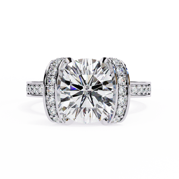 White Gold Cushion Cut Diamond Ring with Vertical Pavé Side Panels