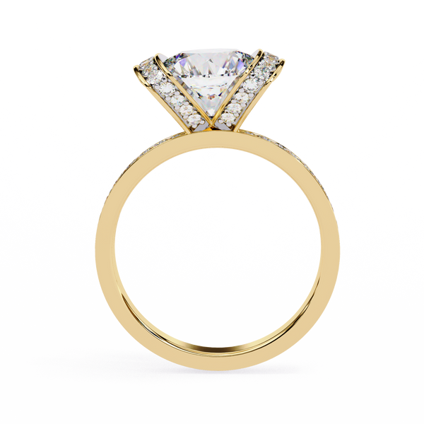Yellow Gold Cushion Cut Diamond Ring with Vertical Pavé Side Panels