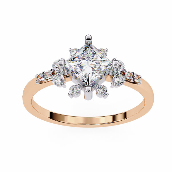 Rose Gold Kite-Set Princess Cut Diamond Ring with Scattered Cluster Accents