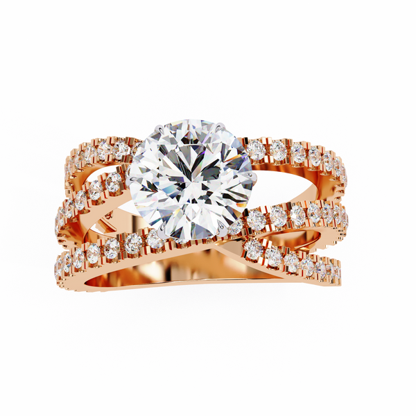 Rose Gold Round Brilliant Diamond Ring with Triple Split Pavé Crossover Band