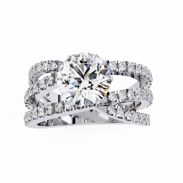 White Gold Round Brilliant Diamond Ring with Triple Split Pavé Crossover Band