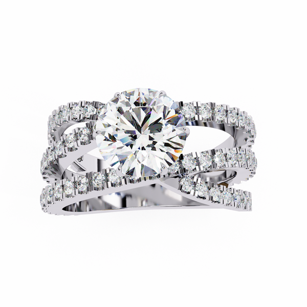 White Gold Round Brilliant Diamond Ring with Triple Split Pavé Crossover Band