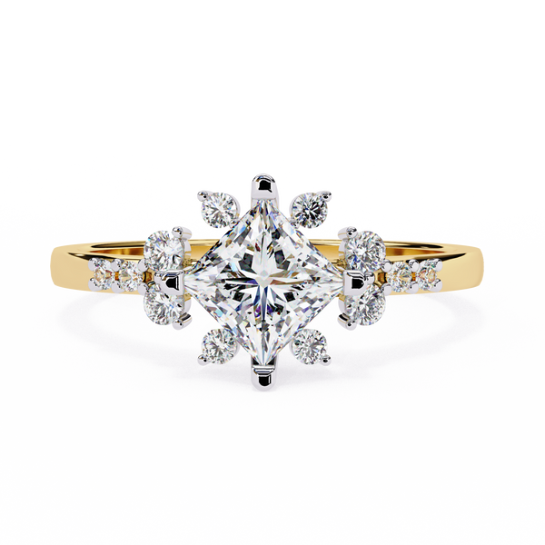 Yellow Gold Kite-Set Princess Cut Diamond Ring with Scattered Cluster Accent