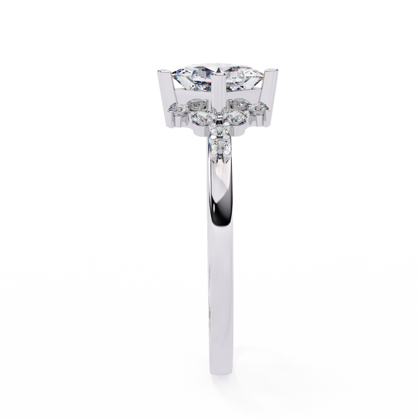 White Gold Kite-Set Princess Cut Diamond Ring with Scattered Cluster Accents