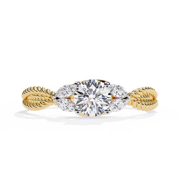 Gold Round & Marquise Diamond Rope Band Engagement Ring