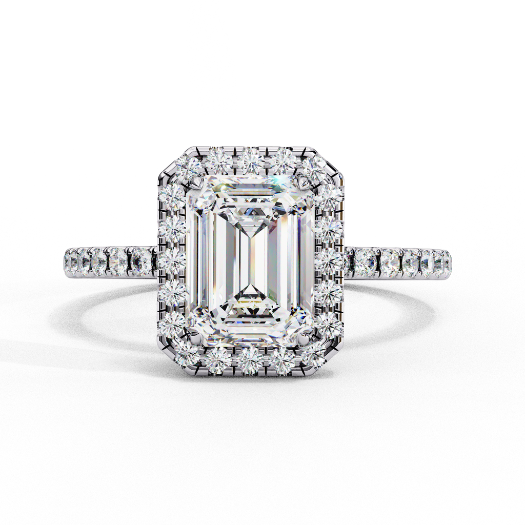 White Gold Emerald-Cut Diamond Halo Pavé Engagement Ring