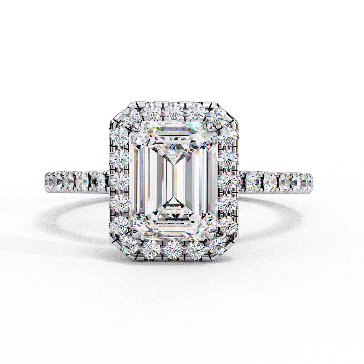 White Gold Emerald-Cut Diamond Halo Pavé Engagement Ring