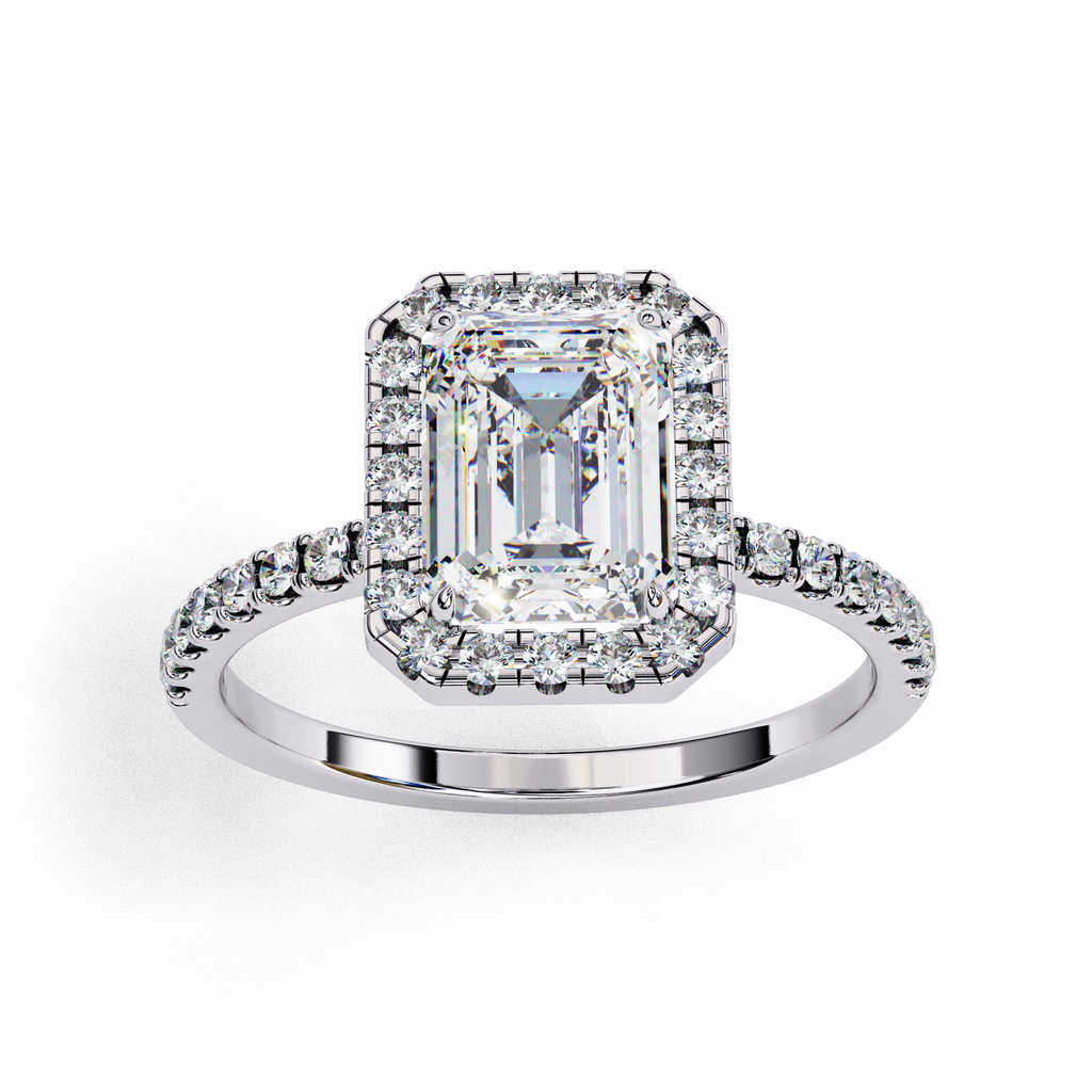 White Gold Emerald-Cut Diamond Halo Pavé Engagement Ring